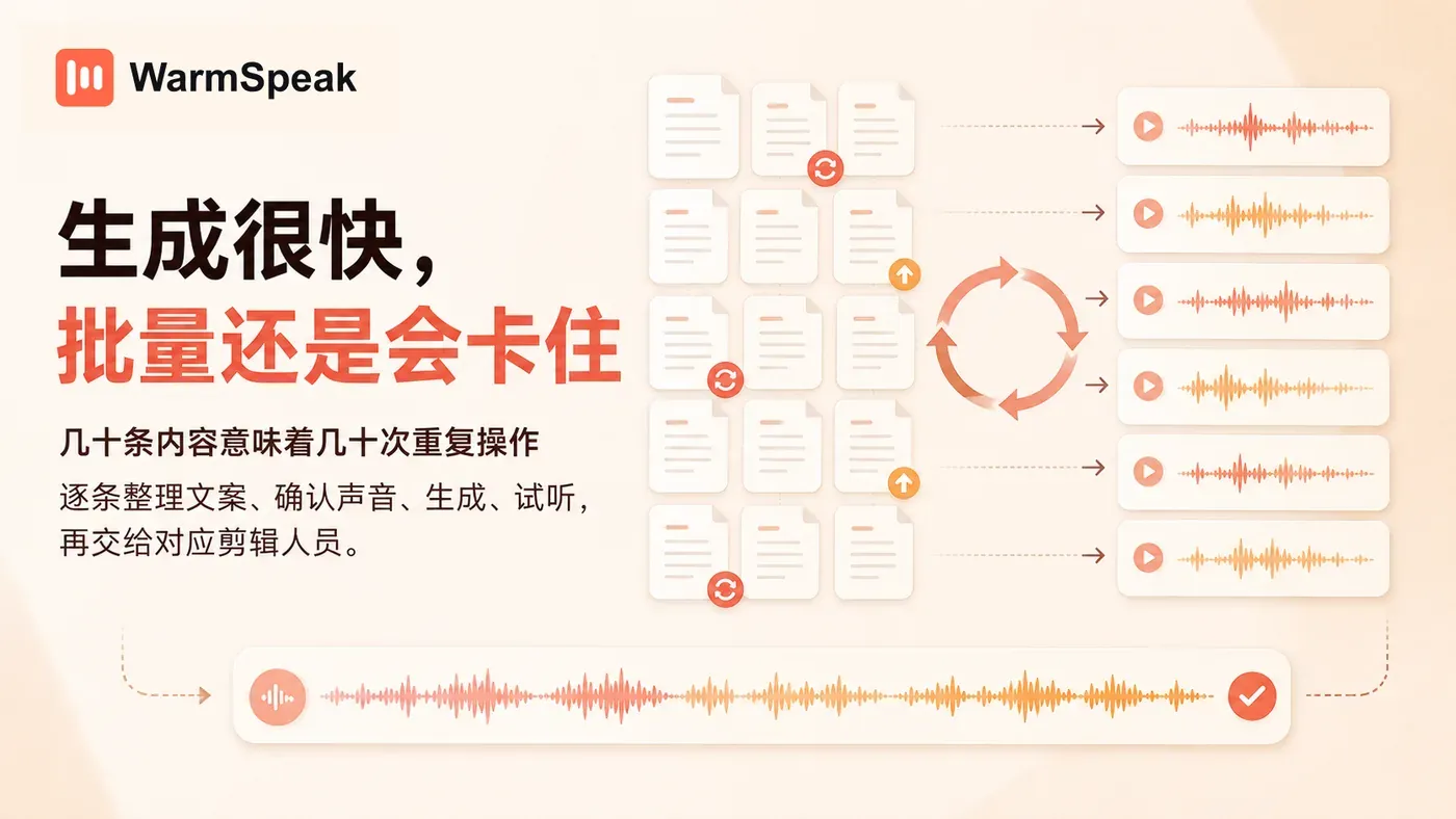 WarmSpeak 展示批量内容逐条生成试听和返工造成的重复操作