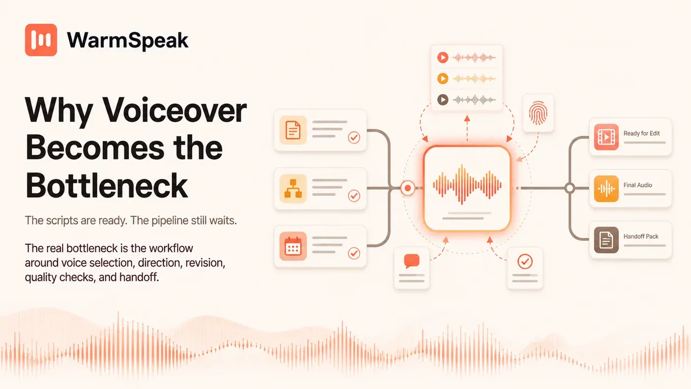 WarmSpeak maps the workflow around voice direction revision quality checks and handoff
