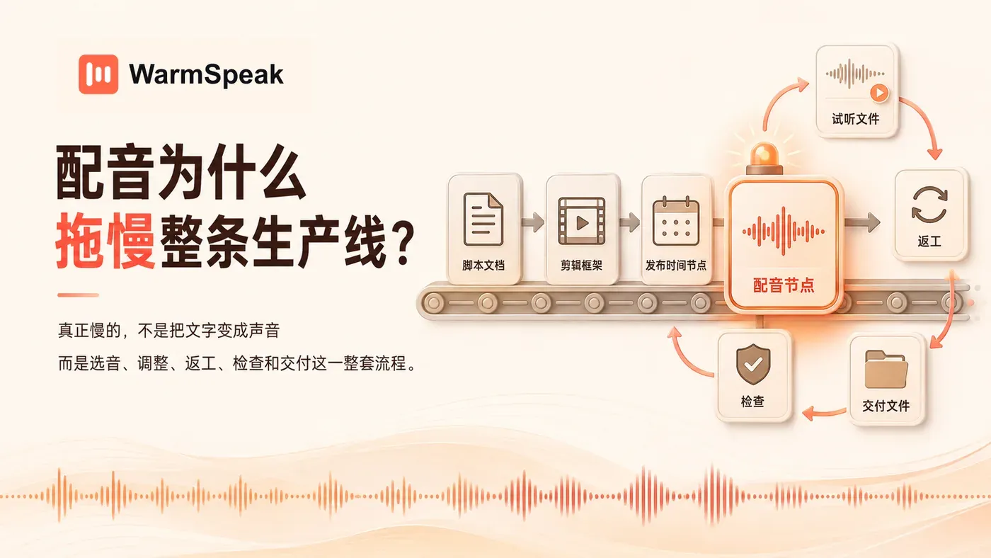 WarmSpeak 展示选音、调整、返工、检查和交付如何形成配音瓶颈